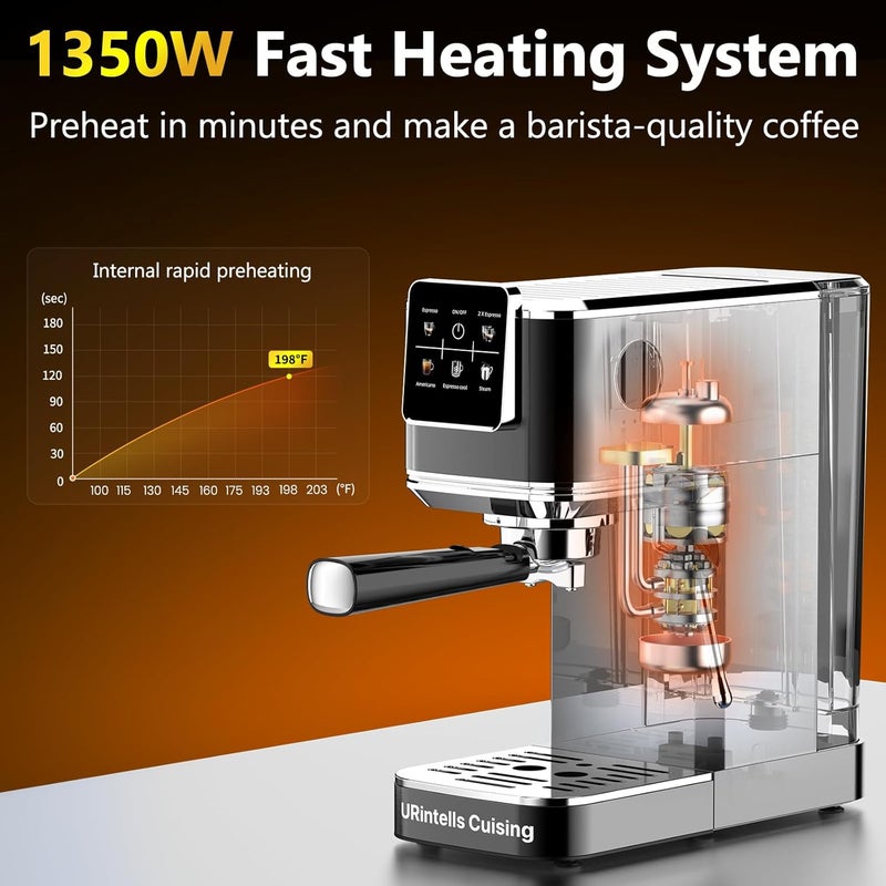 URintells Cuising Espresso Machine 20 Bar,Touch Screen Espresso Maker with Steam Milk Frother,Compact Stainless Steel Coffee Machine for Cappuccino Latte Americano Espresso Cool,Gift for Coffee Lovers,Black - Image 5